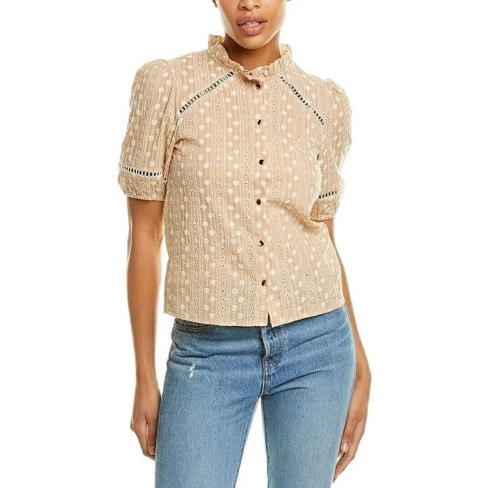 Avantlook Lantem Sleeve Button Front Top In Beige Women's Size Small Embroidered